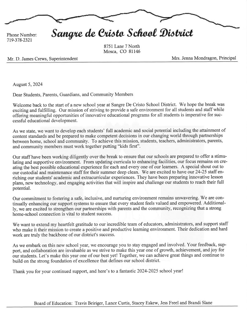 Welcome Back to School Letter with link to PDF